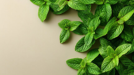 Fresh mint leaves spread on a neutral backdrop