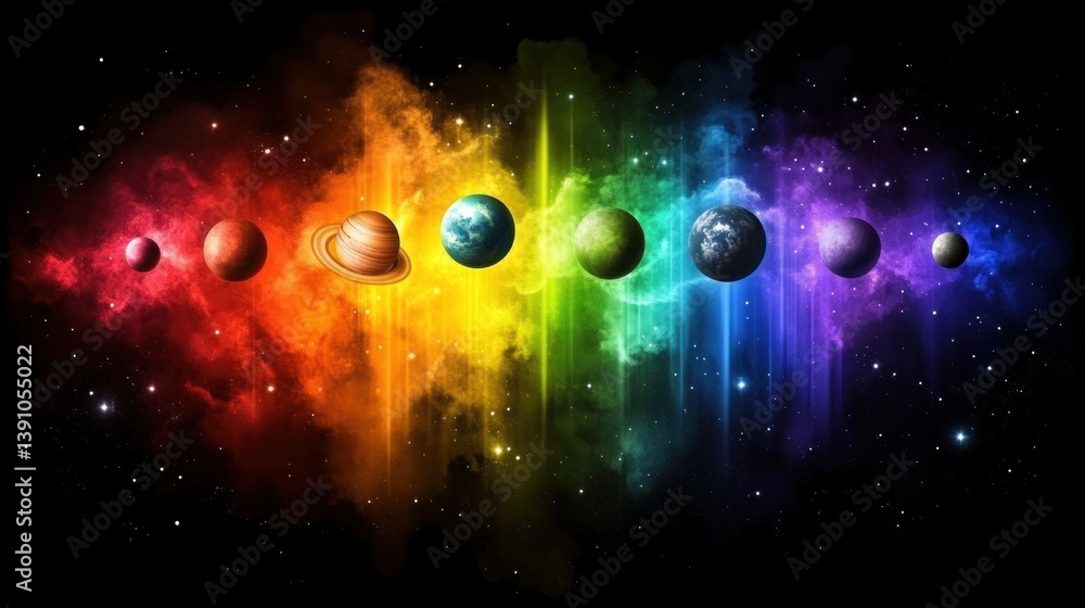 Poster a colorful rainbow of planets in the sky. the planets are in different colors and are arranged in a 