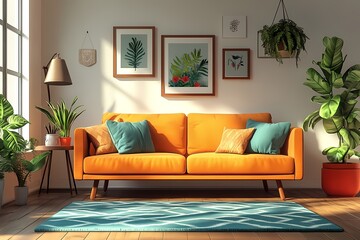 Fototapeta premium Modern Living Room Sofa with Plush Cushions in a Vibrant and Cozy Interior Design Setting