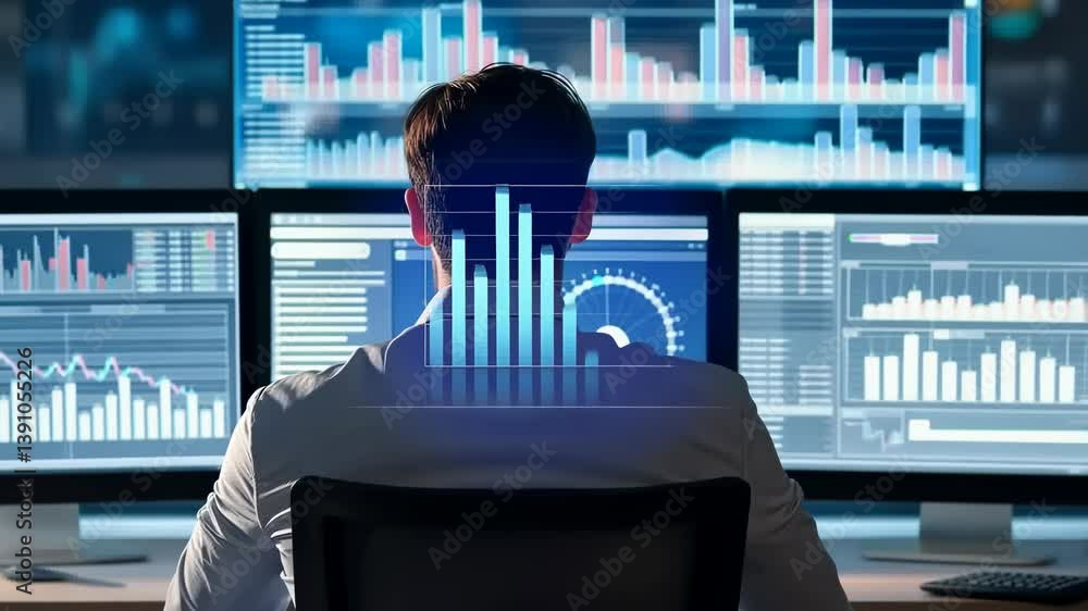Poster this individual viewing several screens displaying dynamic charts , data visualizations, scene commo