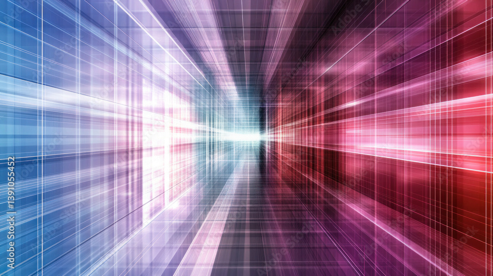 Poster a colorful, abstract image of a long hallway with red, blue, and white stripes. the colors and patte