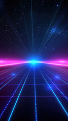 A blue and pink lighted background with a white star in the middle. The background is a grid of blue and pink lights