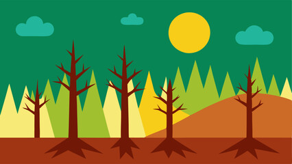 Dying Forest A graphic showing a forest transitioning from green trees to brown and barren trees with a sun above indicating heat stress on the environment.