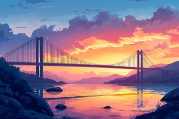 Obraz premium Vibrant Sunset Bridge Reflections over Tranquil River. A Scenic Digital Art Illustration