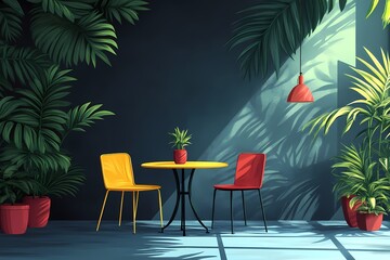 Fototapeta premium Modern Interior Design with Vibrant Colors and Greenery for a Relaxing Atmosphere