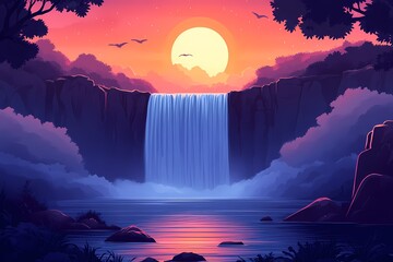Serene Sunset Waterfall. Tranquil Digital Art Illuminates Tropical Scenic Beauty