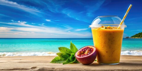 Passion fruit's tangy embrace: summer detox smoothie, minimalist tropical beach panorama, holiday refreshment.