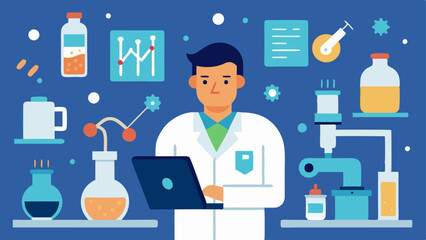Biotech Lab Equipment A scientist surrounded by various biotech tools and equipment such as sequencers and centrifuges while observing data on a digital tablet.