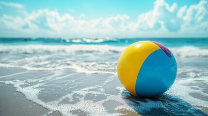 Naklejka premium Beach ball on the beach summer vacation sea ocean waves sand sunny day tropical holiday travel destination