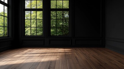 A dark room with big windows and wooden floor