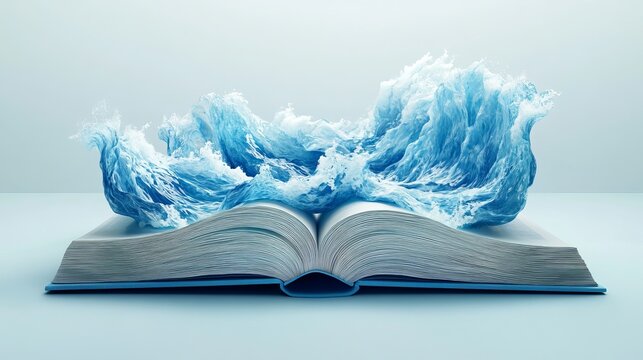 Open book with ocean waves concept for knowledge, education, and creative storytelling illustration