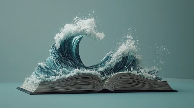 Conceptual book with ocean wave illustration creative reading and imagination stock photo for sale online