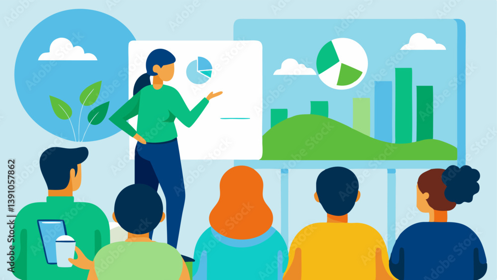Poster community engagement an analyst presents climate data at a community center with charts displayed on