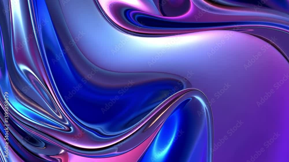 Poster vibrant abstract design smooth, flowing shapes in blue and purple with glossy surface reflecting lig