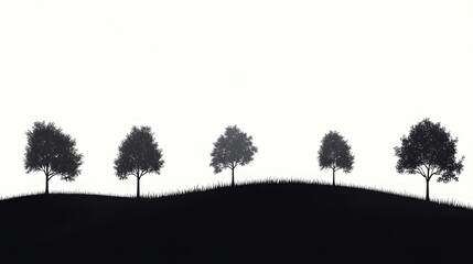 Black and White Minimalist Nature Landscape with Silhouette Trees - Serene and Tranquil Scenery Artwork
