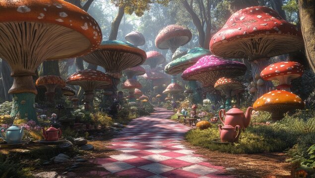 Enchanting mushroom path through a whimsical forest