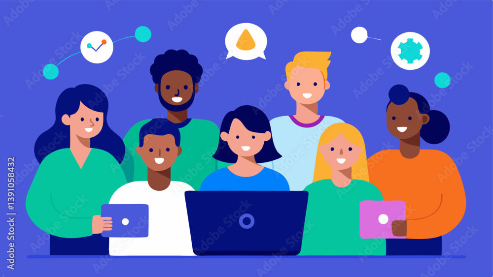 Poster community collaboration a diverse group of individuals collaborating around a laptop sharing ideas a