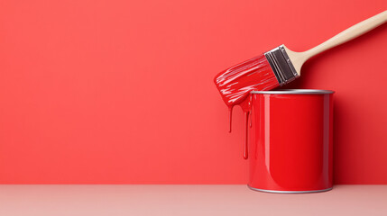 Red paint can and brush with dripping paint on vibrant red background