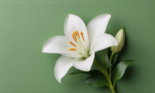 Elegant white lily flower in full bloom, showcasing delicate petals, prominent stamen, and a closed bud.  Simple floral beauty against a soft green backdrop.