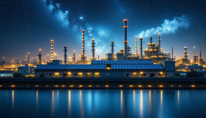 Naklejka premium Illuminated industrial complex at night. Structures brightly glow and reflect in dark water under a starry sky. Urban landscape with energy plant.