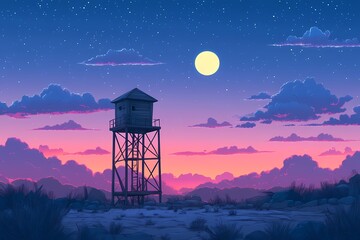 Moonrise Over Desert Watchtower: Night Sky Digital Art with Silhouettes and Vibrant Colors