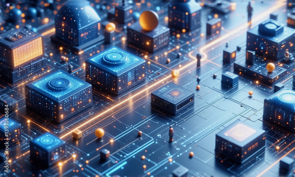 Aufkleber futuristic cityscape of glowing blocks interconnected by lines, symbolizing advanced technology and 