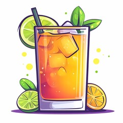 Vibrant Citrus Summer Mocktail Illustration with Refreshing Mint and Lime