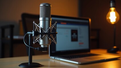 Professional Podcasting Setup with Studio Microphone and Laptop on Wooden Desk