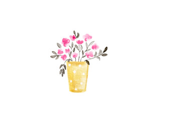 Watercolor Pink Flowers in Yellow Polka Dot Vase