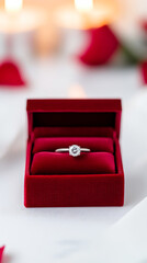 Romantic proposal scene with red gift box and diamond engagement ring for special occasions