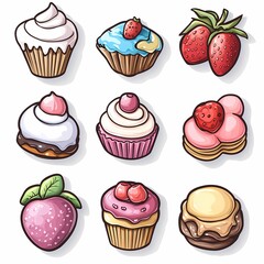 Colorful Dessert Platter Illustration: Cute Cupcakes, Strawberries & Artistic Sweet Treats
