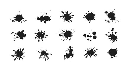 Ink drops and splashes. Blotter spots, liquid paint drip drop splash and ink splatter.Blobs and spatters. Artistic dirty grunge abstract spot vector set. Isolated vector illustration.
