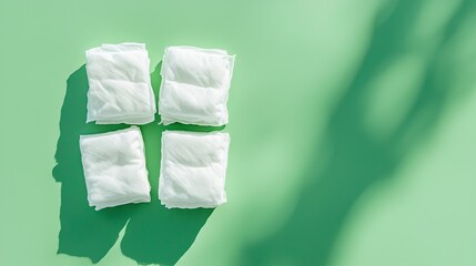 Packaged white gauze, viewed in a flat lay arrangement, set on a bright green surface, with shadows creating depth, clean and modern presentation