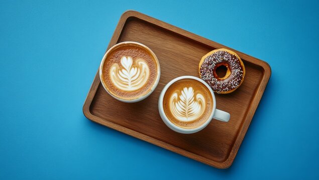 Two cups of latte art, with a donut on a wooden tray.  A perfect morning or afternoon coffee break