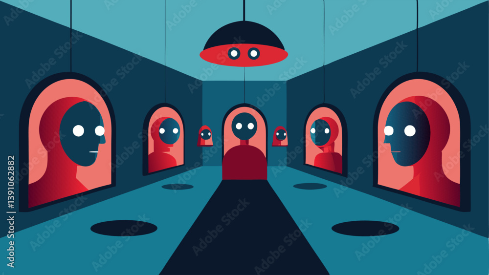 Poster echo chamber a room filled with mirrors where faces are reflecting the same distorted information re