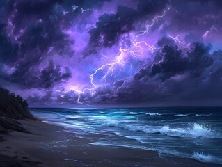54. Lightning striking the ocean in the distance during a beach storm