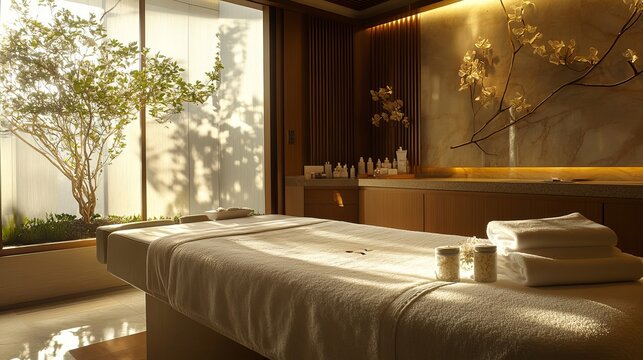 Luxury spa treatment room with massage bed towels and plants zen relaxation wellness center for health
