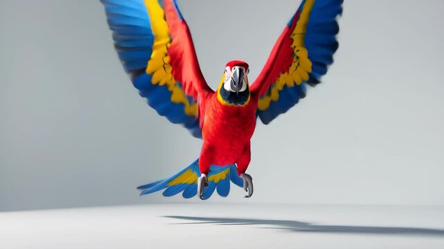 Scarlet macaw parrot flying solo against a white background.