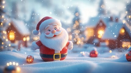 Fototapeta premium Joyful Santa snow scene, winter village background, Christmas card