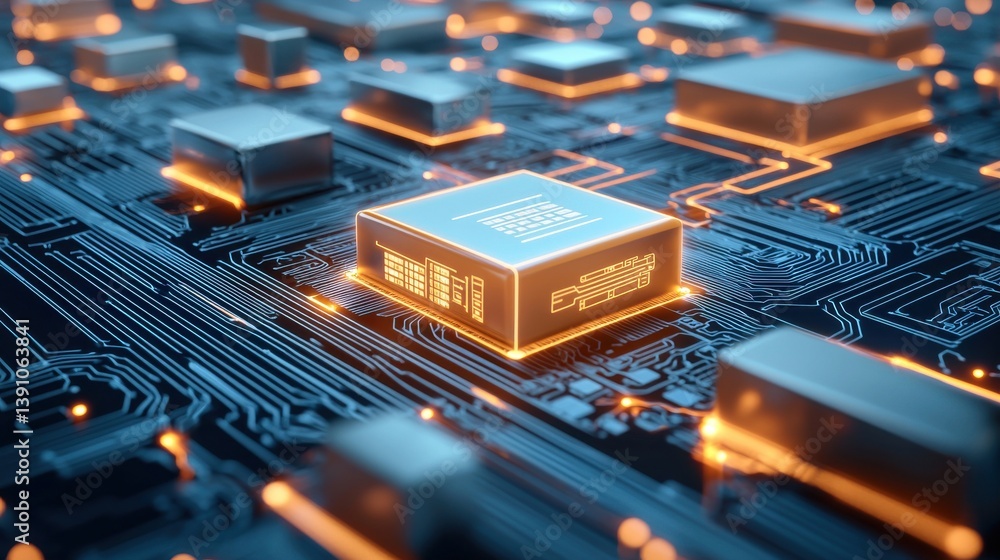 Poster close-up view of circuit board with glowing microchips and wires