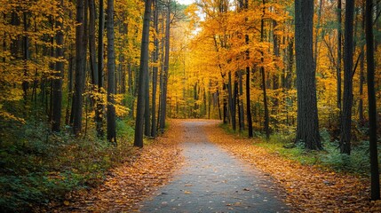 Obraz premium Autumn forest path scenic landscape fall foliage trees nature trail outdoor woods yellow leaves background 100