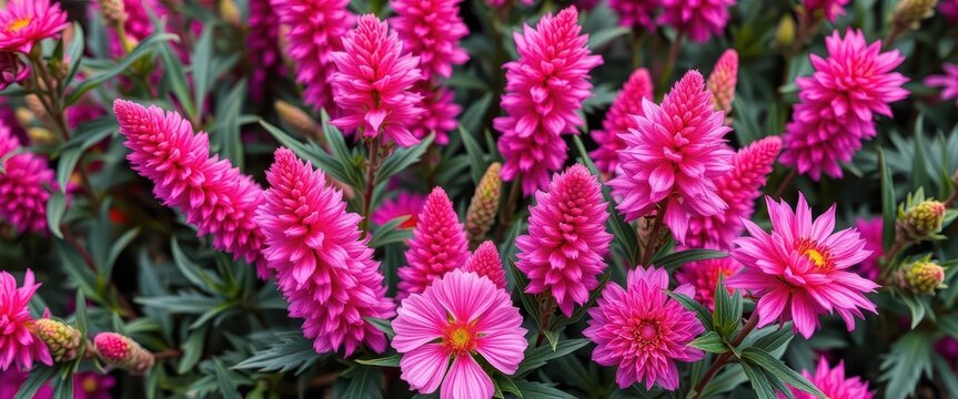 Pink and purple celosia flowers in a vibrant arrangement, photography, design