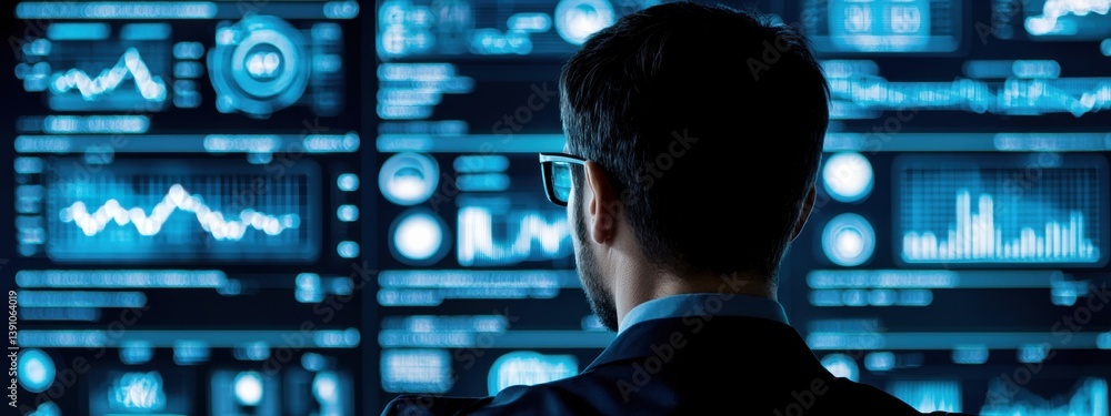 Poster professional man analyzing data on multiple digital screens
