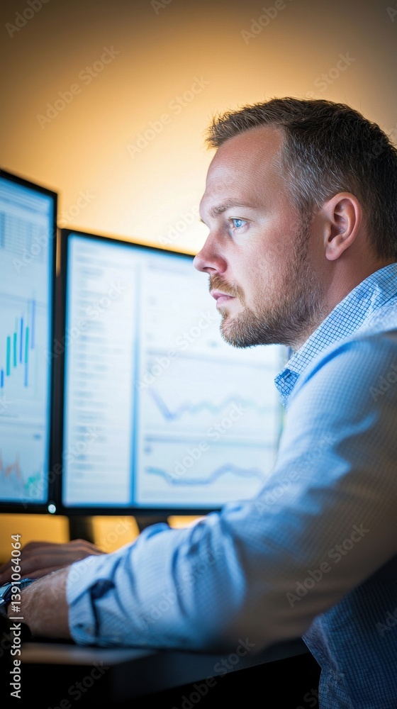 Poster focused man analyzing data on multiple computer screens in office