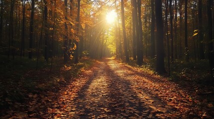 Fototapeta premium Autumn forest path with sun rays and falling leaves nature walk scenic landscape foliage trail trees