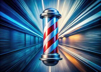Rotating barber pole, long exposure reveals swirling red, white, and blue stripes, isolated.