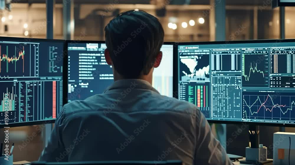 Aufkleber A person sits in front of multiple computer screens displaying complex data visualizations. The setting appears to be modern office environment, with focus on data analysis , information processing.