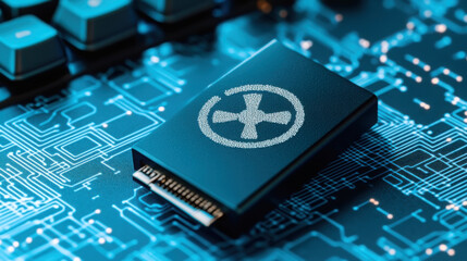 Cybersecurity threat concept with usb drive and biohazard symbol on circuit board