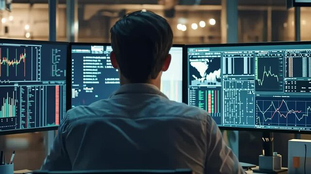 A person sits in front of multiple computer screens displaying complex data visualizations. The setting appears to be modern office environment, with focus on data analysis , information processing.
