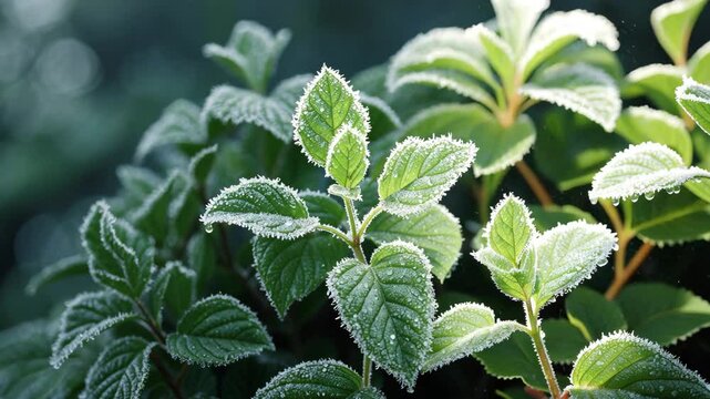 Close-up video of frost-laden nettle mint leaves with selective focus. High-quality footage.